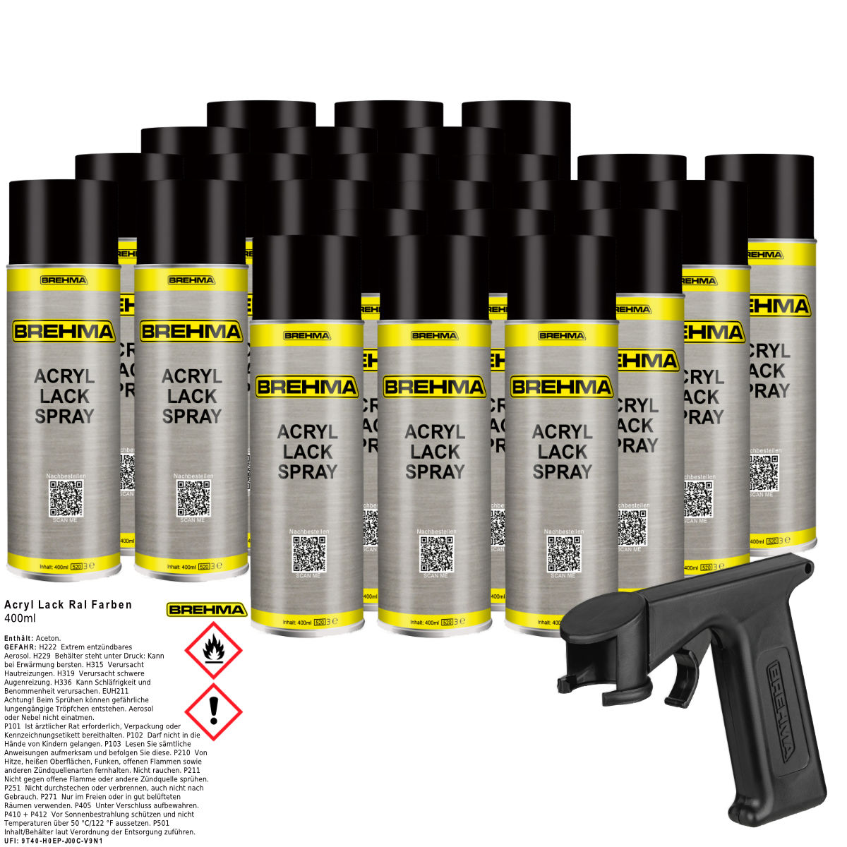 24x BREHMA Acryl Lackspray Ral 9005 Schwarz matt Lack Farbe Sprühfarbe 400ml inkl. Griff