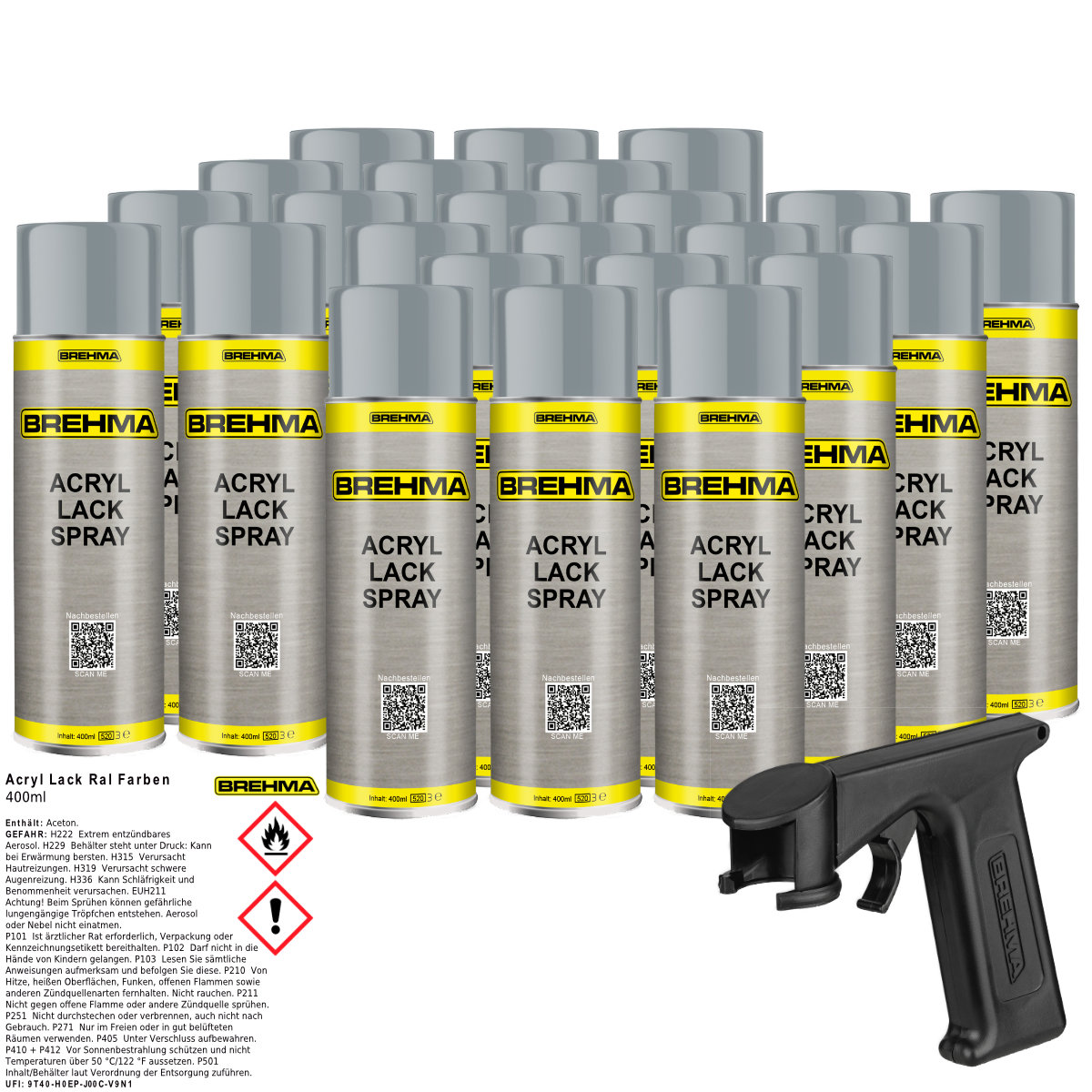 24x BREHMA Acryl Lackspray Ral 7001 Silbergrau glänzend Lack Farbe Sprühfarbe 400ml inkl. Griff