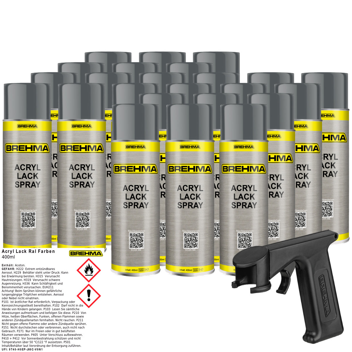 24x BREHMA Acryl Lackspray Ral 7012 Basaltgrau glänzend Lack Farbe Sprühfarbe 400ml inkl. Griff