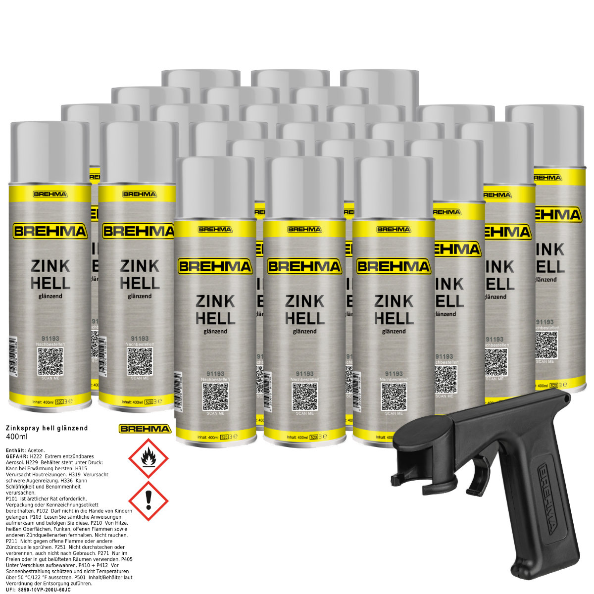 24x BREHMA Zinkspray hell glänzend Grundierung Korrosionsschutz bis 300° C 400ml inkl. Griff