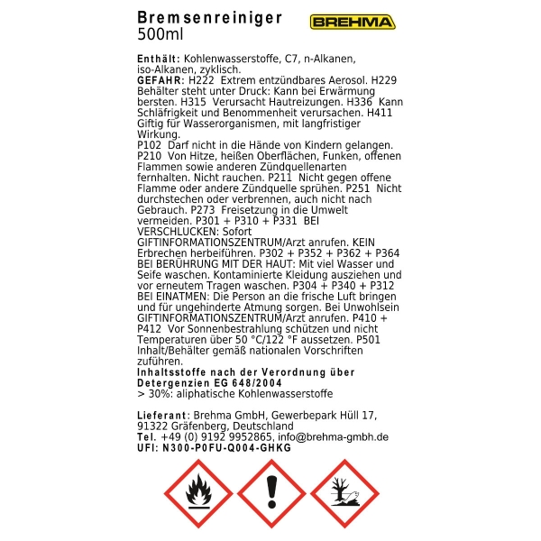 BREHMA Bremsenreiniger 500ml Teilereiniger Entfetter Sprühdose