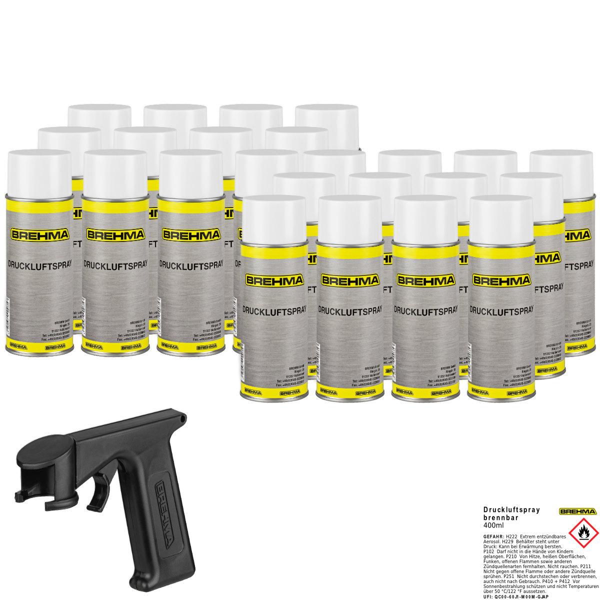 24x BREHMA Druckluftspray Druckluftreiniger  400ml Air Duster Spray inkl. Griff