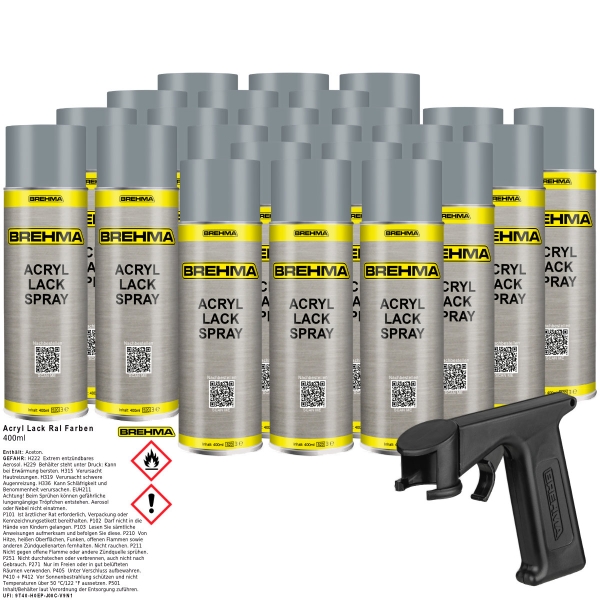 24x BREHMA Acryl Lackspray Ral 7001 Silbergrau matt Lack Farbe Sprühfarbe 400ml inkl. Griff