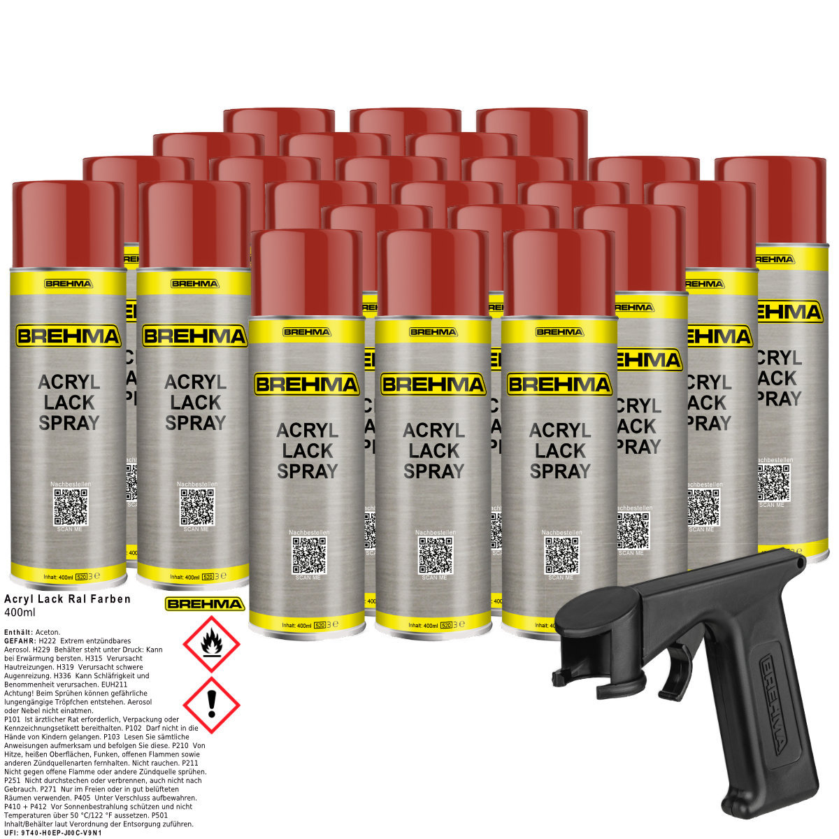 24x BREHMA Acryl Lackspray Ral 3000 Feuerrot glänzend Lack Farbe Sprühfarbe 400ml inkl. Griff