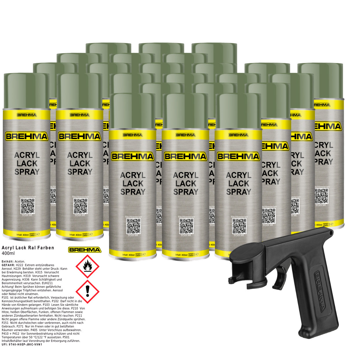 24x BREHMA Acryl Lackspray Ral 6011 Resedagrün glänzend Lack Farbe Sprühfarbe 400ml inkl. Griff